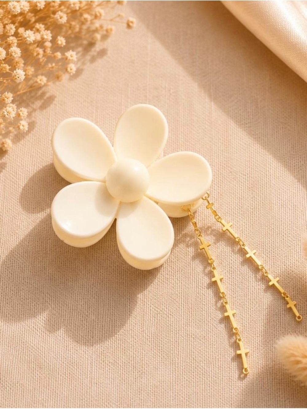Cream Floral Hair Clip with Gold Cross Chain Accent